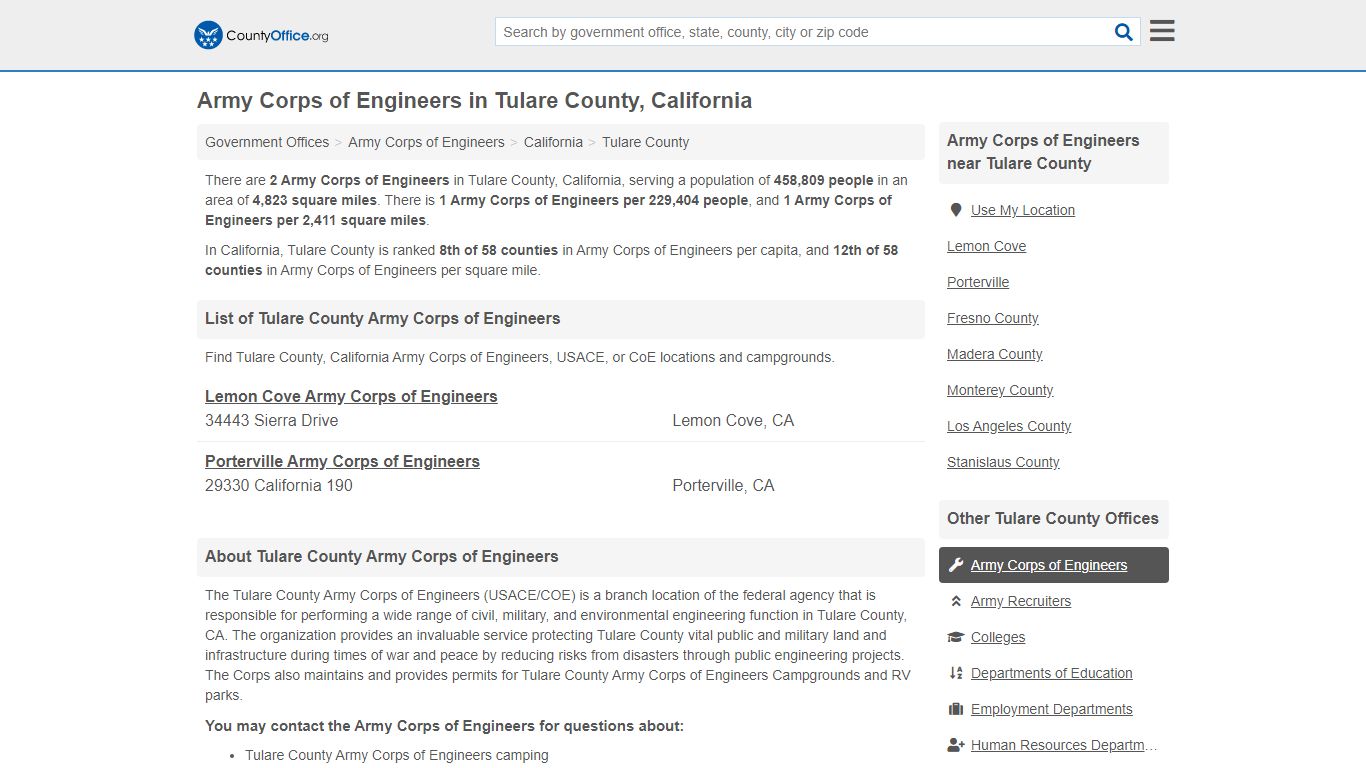 Army Corps of Engineers - Tulare County, CA (Camps, Lakes ...